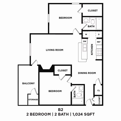A floor plan of a 2 bedroom apartment with 2 bathrooms and a total area of 1,024 square feet.